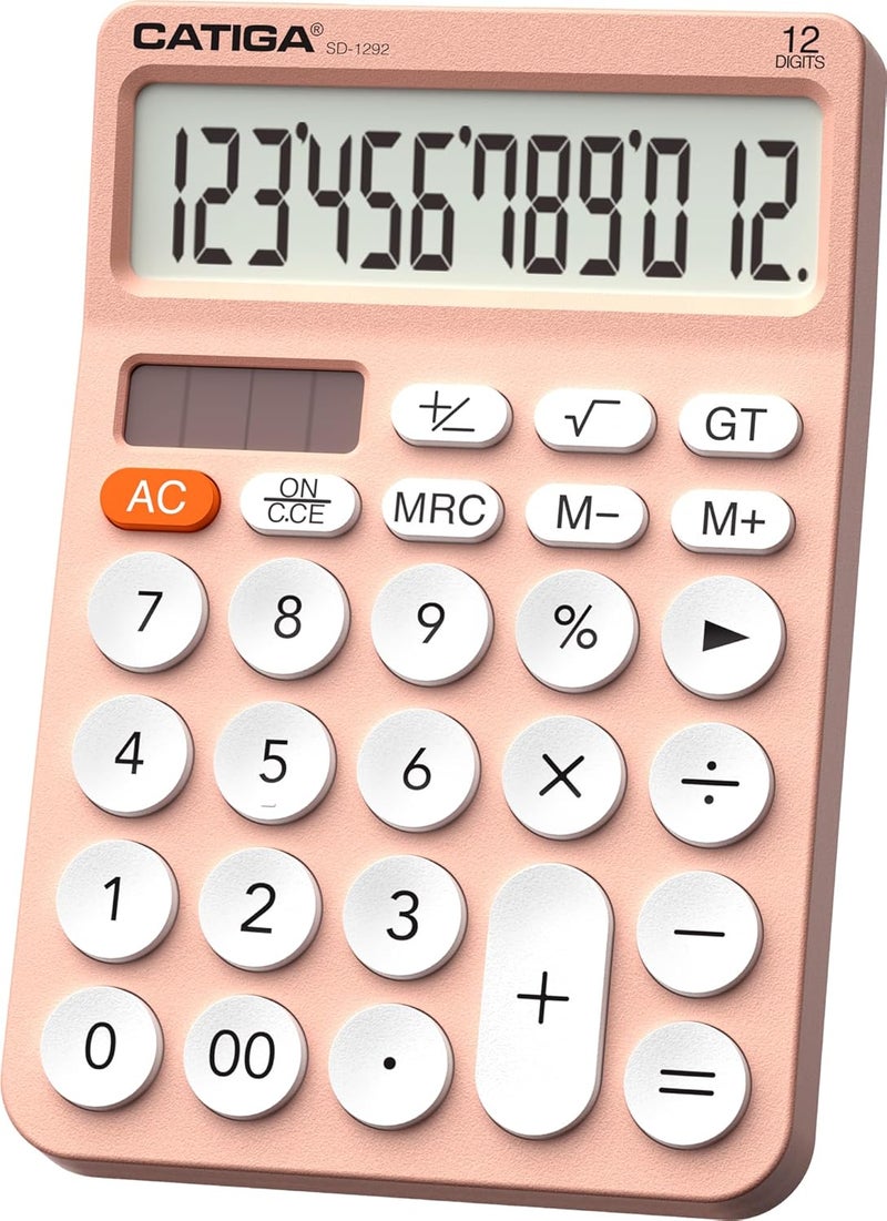 CATIGA 12 Digit Desktop Calculator Basic Desk Calculator with Large LCD Display, Big Buttons, 4 Function, Solar and Battery Dual Power, for Office, School, Home, SD-1292 Pink - Image 1